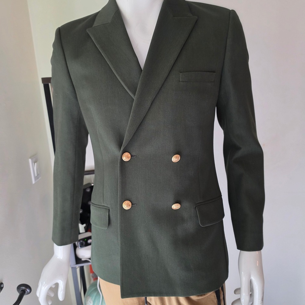Mens Double Breasted Blazer Olive Green Gold Crest Button Peak Lapel Suit Asos